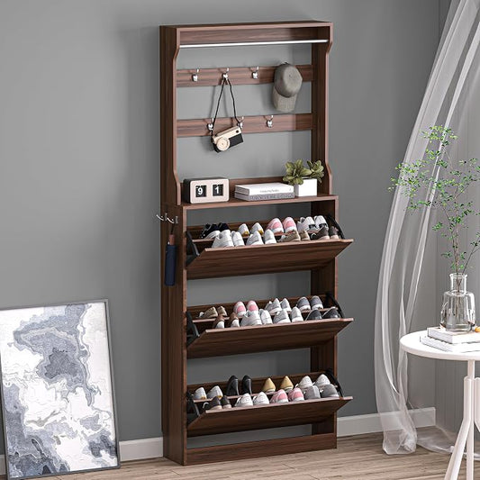 BORNOON Shoe Cabinet with 3 Flip Drawers & Coat Rack, Narrow Hidden Shoe Storage Cabinet, 2-in-1 Hall Tree Slim Freestanding Shoe Rack Organizer for Entryway, Hallway, and Living Room by BORNOON