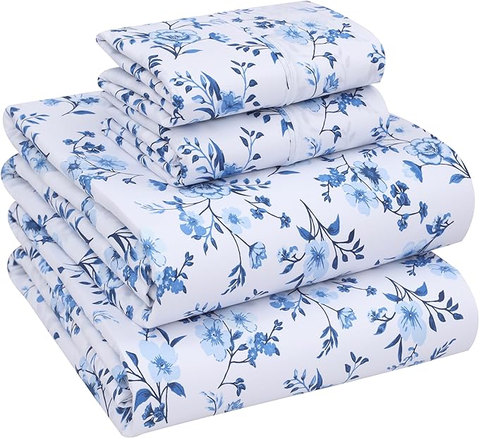 RUVANTI 100% Cotton Sheets – Queen Size Percale Bedding, Cooling & Breathable Floral Design, Durable with a Crisp, Soft & Comfortable Feel, 16" Deep Pocket, 4-Piece Set, Annual