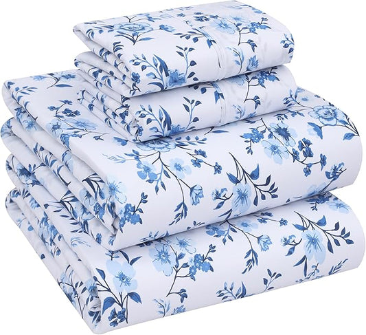 RUVANTI 100% Cotton Sheets – Full Size Percale Bedding, Cooling & Breathable Floral Design, Durable with a Crisp, Soft & Comfortable Feel, 16" Deep Pocket, 4-Piece Set, Annual