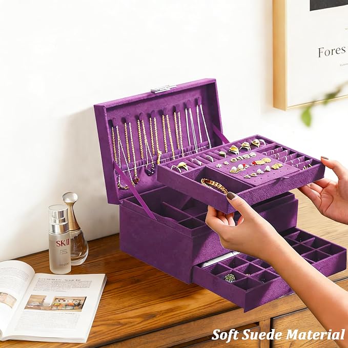 QBestry 3-Layer Jewelry Box for Women with Lock and Key & Drawer, Large Jewelry Organizer with 8 Necklace Hooks & 56 Earring Holes, Purple Velvet Jewelry Storage Box for Necklace Earring Ring Bracelet - Image 8