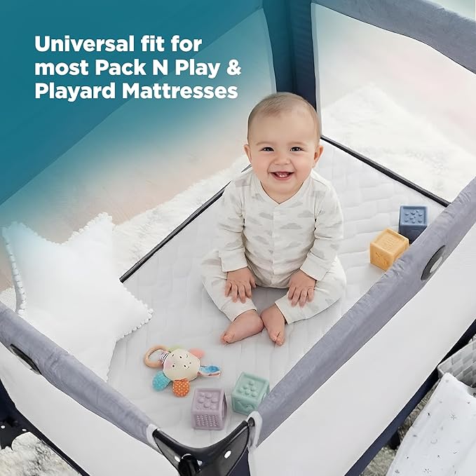 PlushDeluxe Pack and Play Mattress Protector, 39”x27”, Waterproof Playard Pack N Play Mini Crib Cover, Soft Viscose Made from Bamboo with Quilted Terry Cotton Top, Noiseless White Fitted Sheet Style