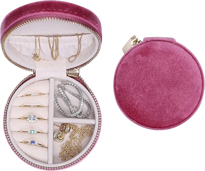 BLUTETE Velvet Travel Jewelry Case Small Round Travel Jewelry Organizer Jewelry Accessory Storage Case Gift Jewelry Box (Berry Pink/Round) by BLUTETE