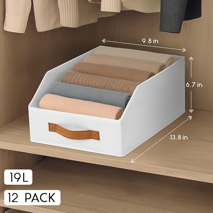 Homsorout Fabric Storage Bins for Organizing - 12 Pack Large Trapezoid Collapsible Storage Bins with Front Handle, Closet Organizers and Storage for Bedroom, Home Shelves, Small Spaces, White - Image 2