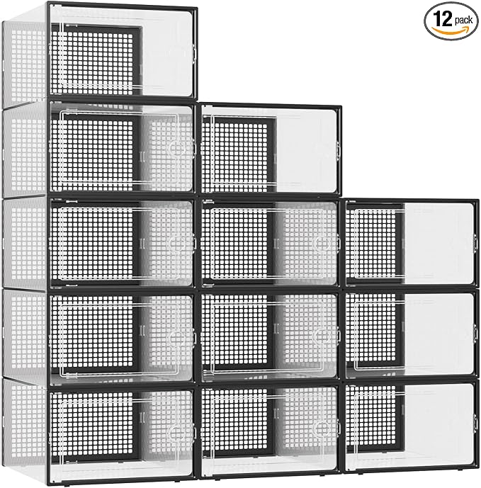Kuject XXX-Large Shoe Storage Boxes Organizers Clear Plastic Stackable 12 Pack, Shoe Rack & Holder Substitute, Sneaker Containers, Toy Storage Organizer Bins for,Closet, Under Bed, Black(No Fold Line) by Kuject