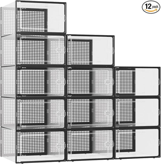 Kuject XXX-Large Shoe Storage Boxes Organizers Clear Plastic Stackable 12 Pack, Shoe Rack & Holder Substitute, Sneaker Containers, Toy Storage Organizer Bins for,Closet, Under Bed, Black(No Fold Line) by Kuject