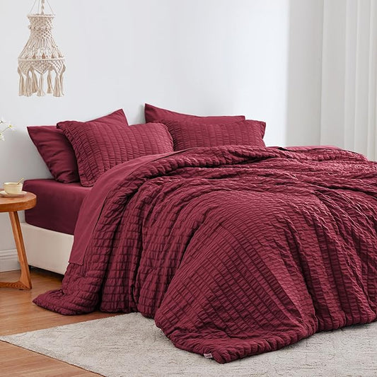Love's cabin Seersucker Burgundy Queen Comforter Set, 7-Piece All Season Lightweight Bed in a Bag Bedding Set with Comforter, Flat Sheet, Fitted Sheet, Pillowcases and Shams | Soft, Breathable, Lightweight