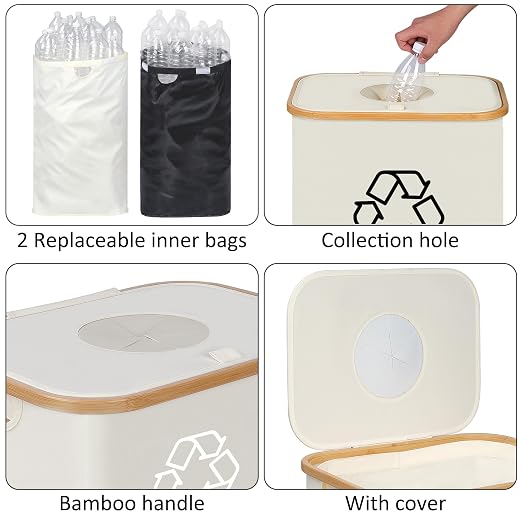 iEGrow 29 Gallons Recycling Bins for Kitchen, Indoor Recycle Bins with Lid, 110L Large Recycle bin with 2 Removeable Reusable Inner Bags, for Bottles Cans Glass Plastice Cartons(Beige) - Image 2