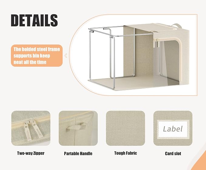 3 Openings Clothes Storage Bins with Metal Frame, Foldable Storage Bin for Clothes, Clothing Storage Bins with Lid, Linen Storage Box With Clear Window＆ Zippers＆ Durable Handles.(3 Pcs,Beige,40L) - Image 4