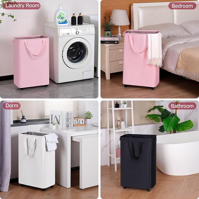 efluky Slim Laundry Hamper with Wheels, Rolling Laundry Basket for Clothes, Small Laundry Basket for Bedroom, Dorm and Laundry Room, 75L (19.8 Gallons) White - Image 4