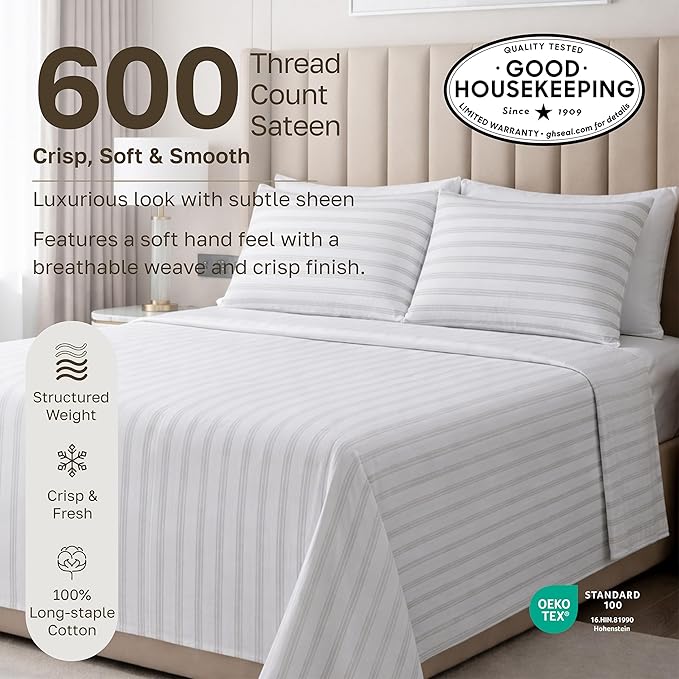 California Design Den California King Sheet Set - 100% Cotton, 600 Thread Count, Deep Pocket, Soft Sateen Premium Cal King Sheet Set - Ticking Stripe Pattern