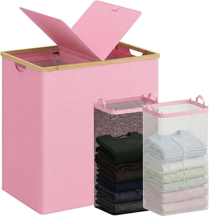 efluky Laundry Hamper with Lid, Double Laundry Hamper with 2 Removable Bags, 2 Section Laundry Basket with Bamboo Handles for Bathroom, Bedroom & Laundry Room (Pink, 140L Dual) by efluky