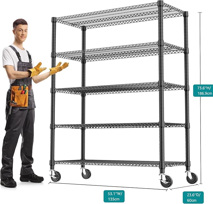 M MZG 3300LBS 53.1" W 5 Tiers Shelf Steel Storage Shelving Utility Shelving Unit Steel Organizer Wire Rack for Home,Kitchen,Office,Garage Black 23.6" D x 53.1" W x 73.6" H - Image 3