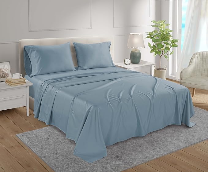 100% Egyptian Cotton Sheets Full Size Set, 800TC 15" Deep Pocket Full Sheets Set, Soft Breathable Sateen Weave 4PC Elasticated Sheet & Pillowcase Sets, No Pill & Shrink, Fade Resistant - French Blue