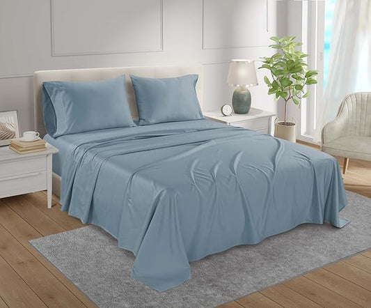 100% Egyptian Cotton Sheets Full Size Set, 800TC 15" Deep Pocket Full Sheets Set, Soft Breathable Sateen Weave 4PC Elasticated Sheet & Pillowcase Sets, No Pill & Shrink, Fade Resistant - French Blue