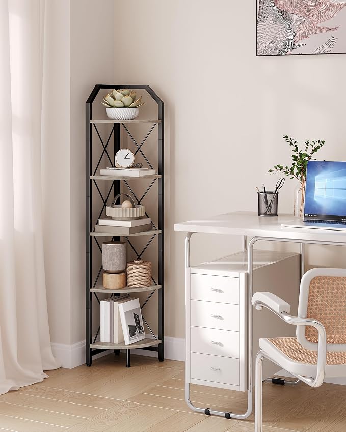 CHOEZON 5-Tier Corner Shelf, Industrial Corner Bookshelf, 59.4" Corner Storage Stand, Plant Stand Display Shelf, Corner Bookcase for Bedroom, Living Room, Home Office, Greige and Black TCJ10BG - Image 7