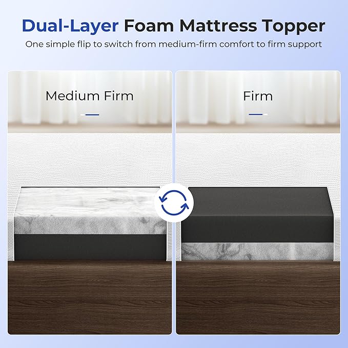 Cooling Mattress Topper King Size 3 Inch, Cooling Gel & Bamboo Charcoal Memory Foam Mattress Topper for Back Pain Relief, Firm Dual-Layer Foam Bed Pad with Removable Cover