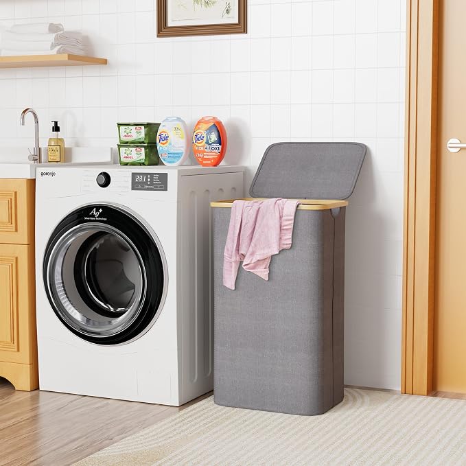 SUOCO Laundry Hamper with Lid, 29 Gal (110L) Clothes Basket with Bamboo Handles, Large Foldable Laundry Hamper for Bedroom, Bathroom, Dorm, Laundry Room - Grey - Image 2