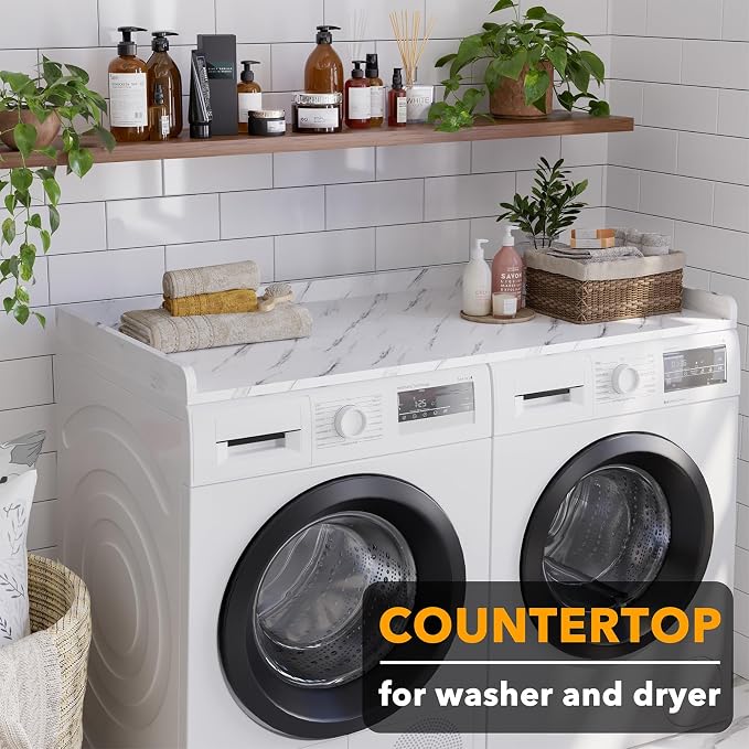 SpaceAid Washer Dryer Countertop, Laundry Wood Shelf Topper with Edge, 54" Width x 27.5" Depth Cover Guard Organizer for Washer and Dryer Laundry Hamper Counter Storage Organization (White Marble) - Image 3