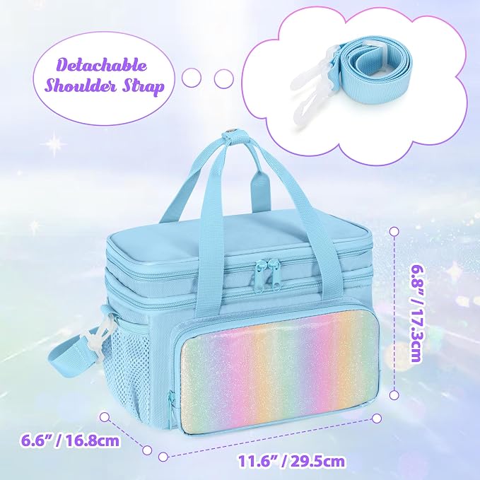 GRAOSO Double Layer Jewelry Organizer Storage for Kids Girls, Travel Jewelry Case Bag, Portable Jewelry Box with Handle and Detachable Shoulder Strap for Necklaces, Earrings, Rings, Blue (Case Only) - Image 6