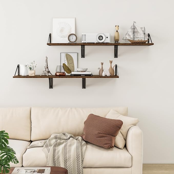 Deep Floating Shelves for Wall, 12 Inch Deep Floating Shelves Set of 3, 16W x 12D Wood Wall Shelves, Wide Wood Shelves with Metal Bracket for Living Room, Kitchen, Office, Bedroom - Rustic Brown - Image 6