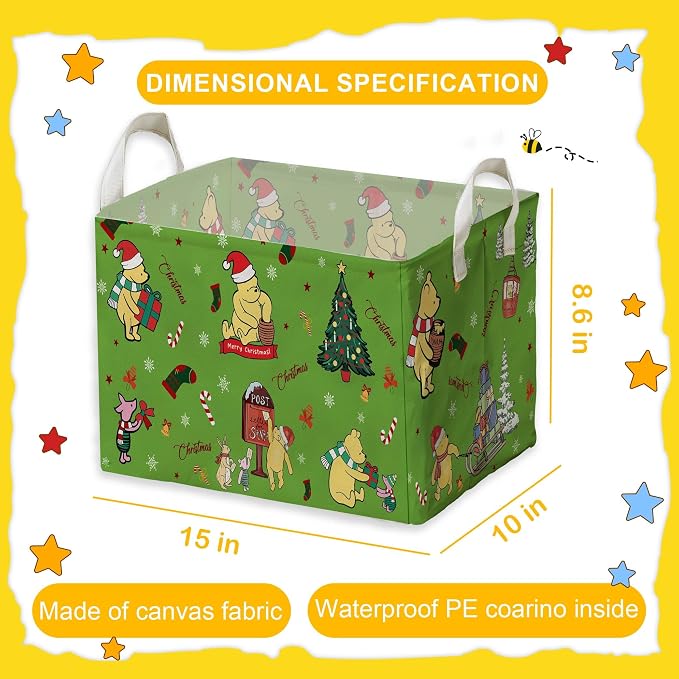 Winnie Theme Christmas Baskets Decor,the Pooh Baby Stuff, Large Square Canvas Baby Laundry Hamper with A Waterproof PE Coating,Foldable Storage Bin for Toys and Clothes - Image 2