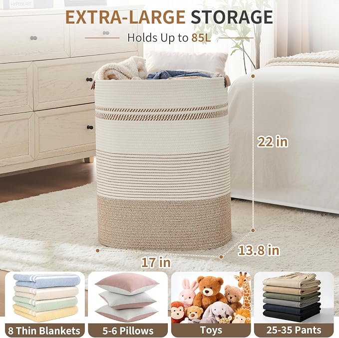 AINUOQI Laundry Basket with Handles - Blanket Basket & Hampers for Bedroom Aesthetic, Laundry Hamper & Blanket Storage for Living Room, Clothes Hamper, Tall, Large 17" x 14" x 22”, Light Brown & White - Image 2