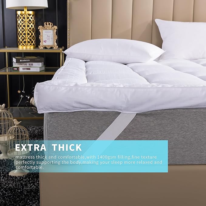 Extra Thick Mattress Topper Short Queen Bed Size.Breathable Cooling Mattress Pad Cover.100% Cotton Pillow Top Quilted Mattress Protect Bed Mattress Topper 1400GSM Soft Down Alternative Fill(60 * 75")