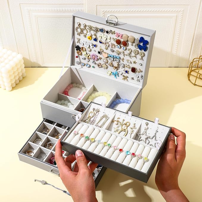 BOOVO Earring Jewelry Box For Women Girl Stud Organizer, 5 Layers Girl Jewelry Organizer Box With Lock Earring Holder Organizer Necklace Ring Jewelry Organizer Box For Girls (grey) - Image 6