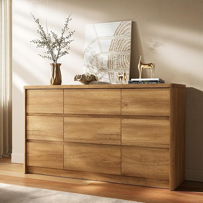 NowMais 3 Pieces of Dresser and Nightstand Set,55 Inch Width 9-Drawer Dresser & 2-Drawer Nightstands Set of 2,Nightstand with USB&Type C Charging Station&Outlets, Modern Design for Bedroom,Natural Oak
