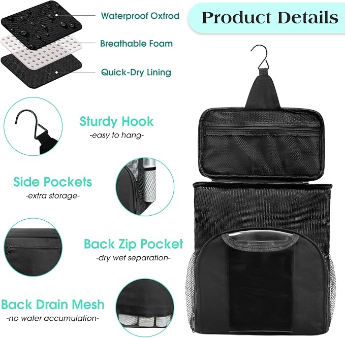 Attmu Mesh Shower Caddy Portable Dorm Tote Bag, Quick Dry Hanging Toiletry Bag, Large Capacity Shower Bag for College Dorm Room Essentials for Boys and Girls for Bath Camping (Black) - Image 4
