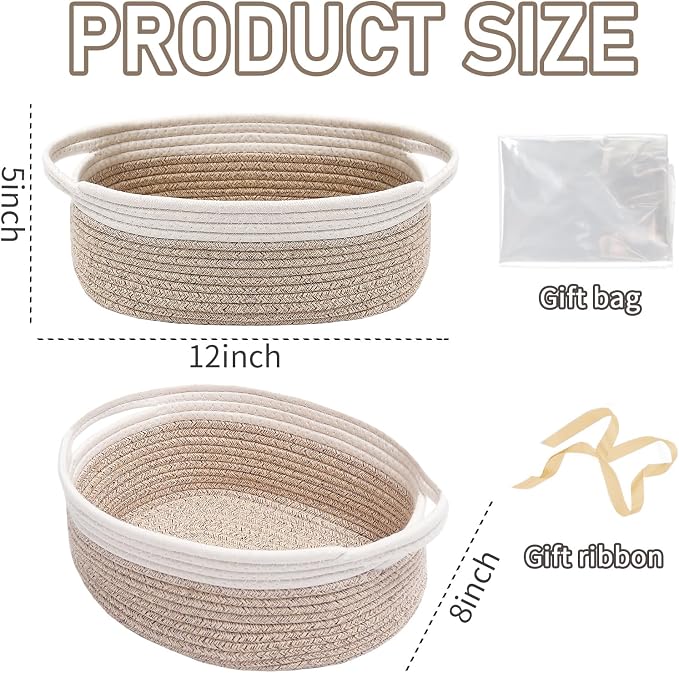 JMvicyroam Woven Basket,Small Rope Storage Bin with Handles & Ribbon Bag, Organizer for Shelves Closets,Gift Basket Empty for Birthday,Books,Dog Toys, White&Oatmeal/3 Pack - Image 2