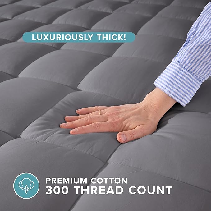 Bare Home Twin Mattress Topper Cotton Top - Plush Topper for Mattress - Fitted Mattress Cover - Cooling Breathable Air Flow - 8" to 21" Deep Pocket - Soft Mattress Pad (Twin, Grey)