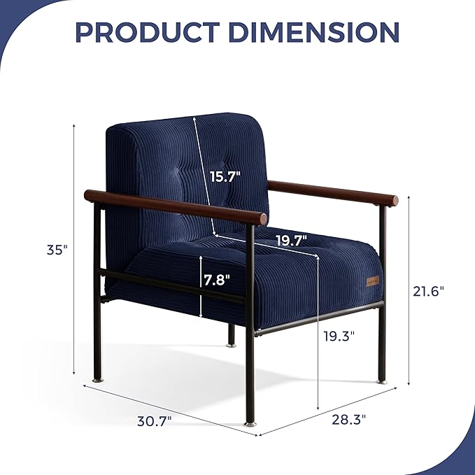 MAXYOYO Living Room Accent Chair, Modern Chair with Sturdy Metal Frame & Wood Armrests, Upholstered Reading Chair with Upholstered Cushion for Bedroom Balcony Porch, Navy