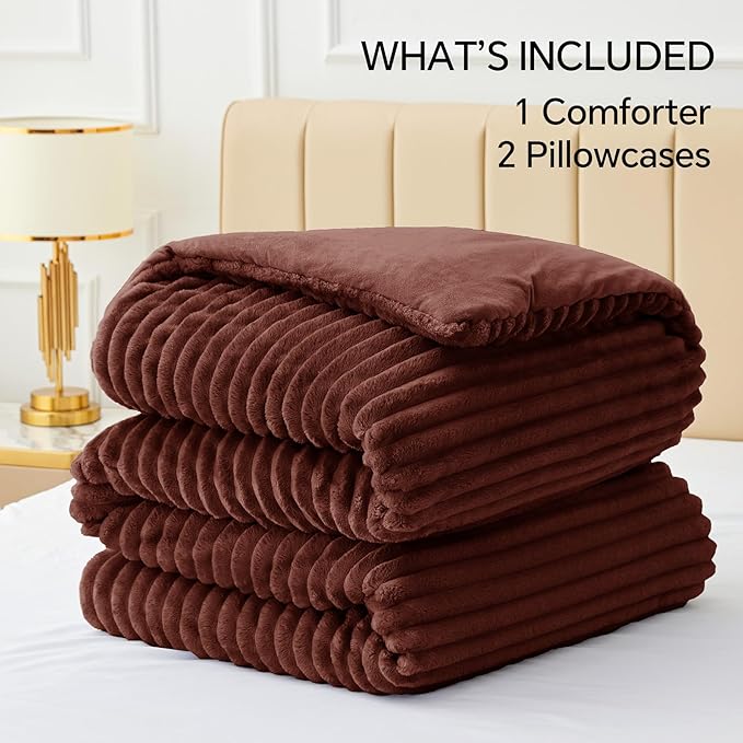 BEDELITE Fleece King Comforter Set -Super Soft & Warm Fluffy Hot Chotolate Bedding, Luxury Fuzzy Heavy Bed Set for Winter with 2 Pillow Cases