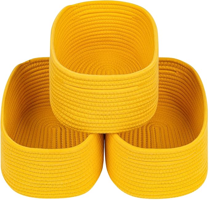 CubesLand Rope Woven Storage Baskets, Small Baby Nursery Organizer Basket, Rectangular Organization/Storage Bins, Closet Shelves Baskets，Empty Gift Basket 3 Packs, Yellow by CubesLand