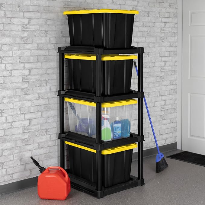 Sterilite 4 Tier Tote Rack, Vertical Plastic Organizer with 4 Pack 27 Gallon Industrial Storage Totes, Black - for Garages, Workshops, or Basements - Image 5