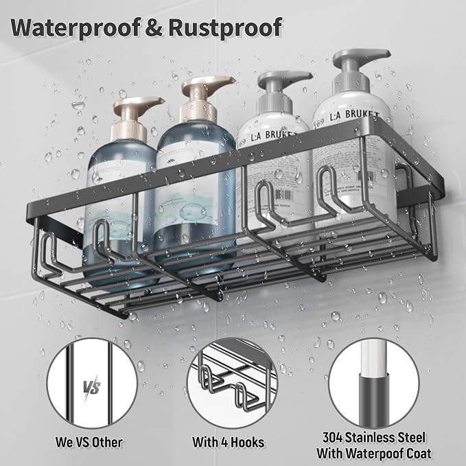 Liuoud 5 Pack Shower Caddy Organizer Rack Shelf for Inside Shower, Self Adhesive Bathroom Wall Storage Basket Rustproof Stainless Steel Large Capacity Shampoo Holder, Dark Grey - Image 4