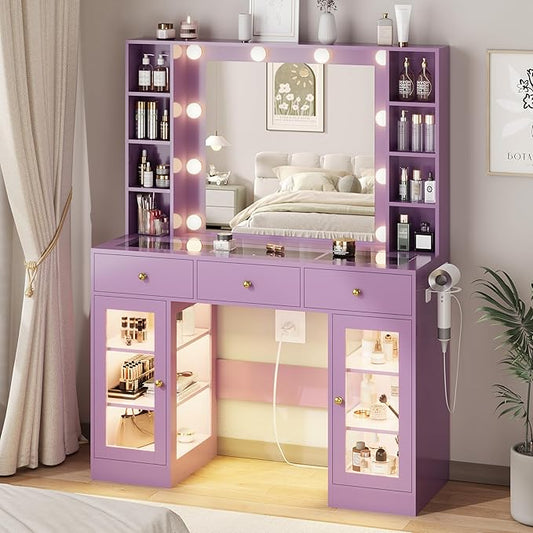 HUANLEGO Purple Vanity Desk with Mirror and Lights, Glass Top Vanity with Lighted Mirror & RGB Glass Cabinet and 3 Drawers, Makeup Desk with Lights Dressing Table for Bedroom, 3 Color Modes