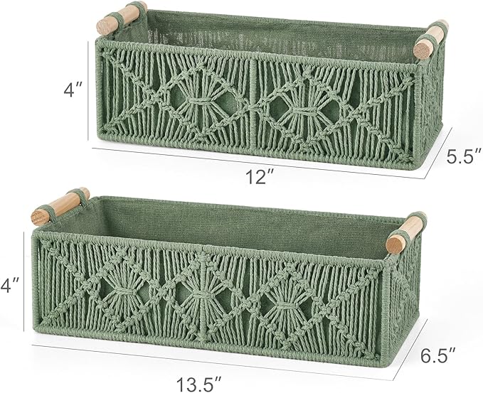 Mkono Macrame Storage Baskets Boho Decor Box Handmade Woven Decorative Countertop Toilet Tank Shelf Cabinet Organizer for Bedroom Livingroom Home, Set of 2, Green - Image 6