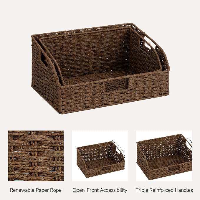 StorageWorks Pantry Baskets for Organizing, Paper Rope Storage Baskets for Shelves with Built-in Handles, Pantry Organizers and Storage, Brown, Set of 2 (Large and Medium) - Image 3
