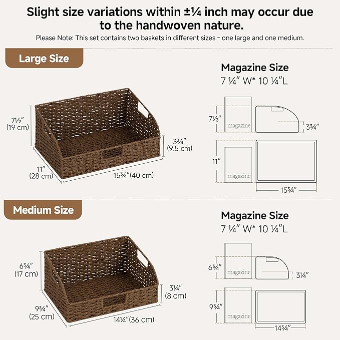 StorageWorks Pantry Baskets for Organizing, Paper Rope Storage Baskets for Shelves with Built-in Handles, Pantry Organizers and Storage, Brown, Set of 2 (Large and Medium) - Image 2