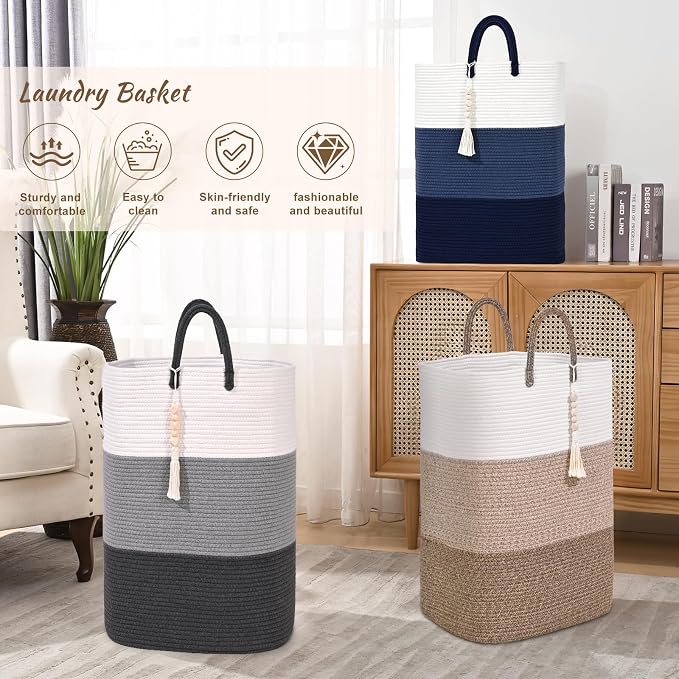Woven Laundry Basket for Clothes,65 L Large Rectangle Laundry Hampers with Beads Tassel, Nursery Storage Basket for Toys, Tall Dirty Clothes Hamper for Bedroom Aesthetic, Laundry Room Organization - Image 7