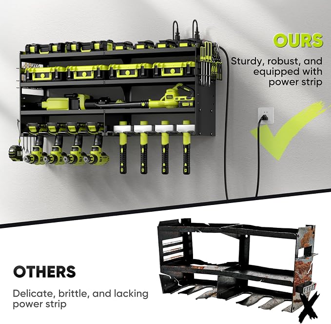 POKIPO Large Power Tool Organizer Wall Mount with Charging Station,4 Layer Heavy Duty Metal Tool Storage Rack Loads 600lbs with 8 Cordless Drill Holder,Battery Utility Rack Loads with 4 Power Strip - Image 4