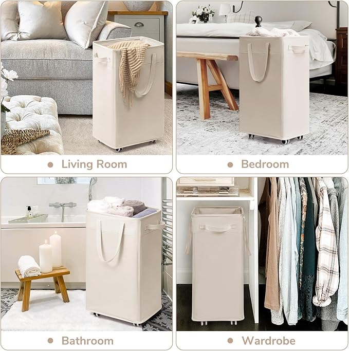 CHICVITA Collapsible Laundry Basket on Wheels 75L, Slim Laundry Hamper with Removable Wash Bag for Bedroom, Clothes Hampers for Laundry, Ivory - Image 6