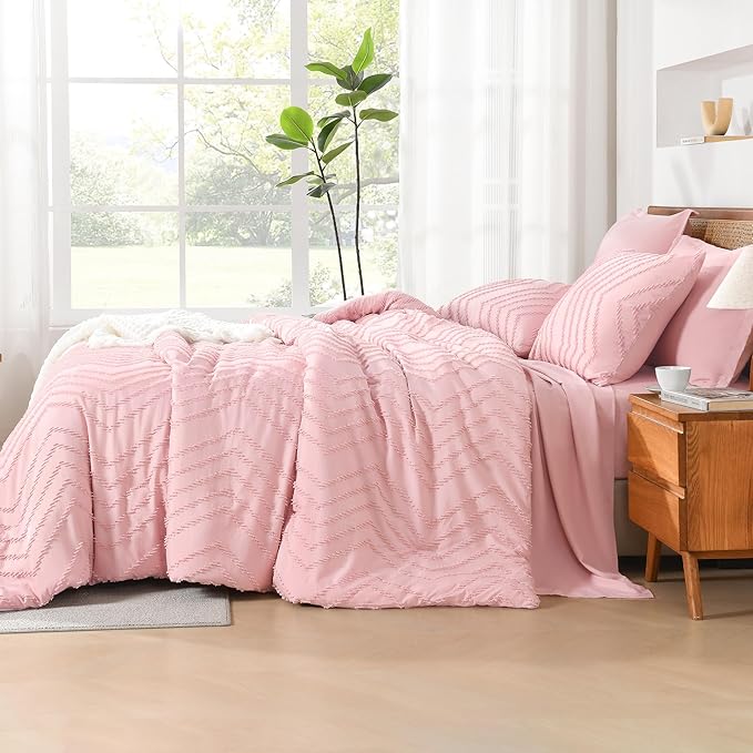 Litanika Pink Queen Size Comforter Set with Sheets - 7 Pieces Bed in a Bag Queen Boho Tufted Complete Bedding Sets with Comforter, Sheets, Pillowcases & Shams