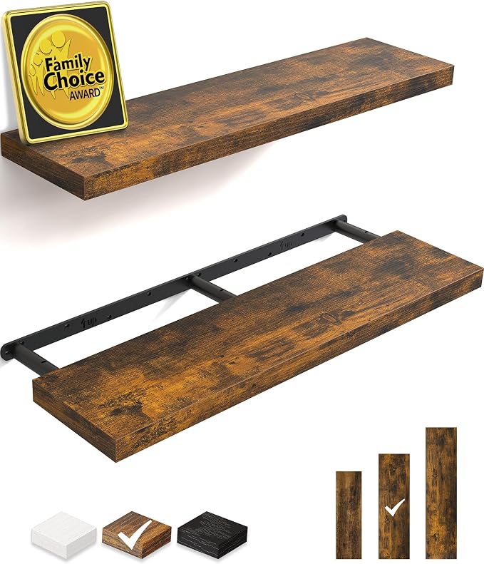 BAYKA Floating Shelves, 36 inches Long Wall Mounted Rustic Wood Shelves for Bathroom, Bedroom, Living Room, Kitchen, Office, Hanging Shelf for Books/Storage/Decor(Rustic Brown,Set of 2) by Bayka