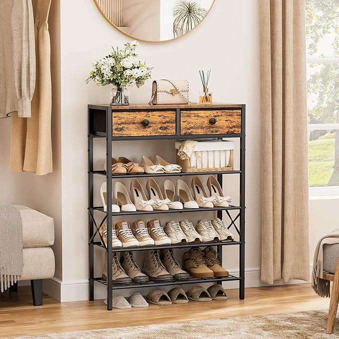 Shoe Rack for Entryway, 5 Tier Shoe Organizer with 2 Non-woven Drawers, Metal Storage Shoe Shelf for 16-20 Pairs of Shoes, with Wooden Top and Steel Frame, Shoe Stand for Closet Rustic Brown - Image 4