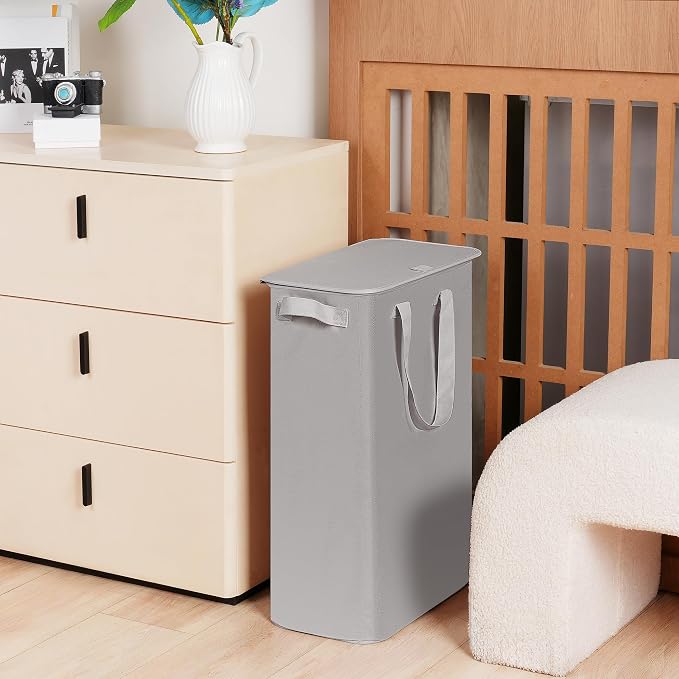 efluky Slim Laundry Basket with Lid, Narrow Laundry Hamper with Handles, Collapsible Dirty Clothes Hamper, Tall Laundry Bin for Laundry Room, Dorm and Bedroom, 55L Grey - Image 6