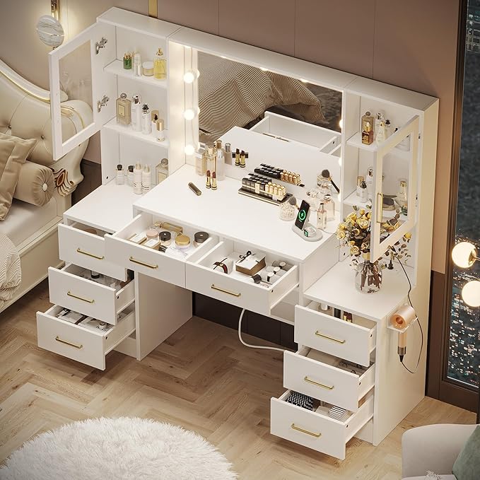 UGTOO 58.3" Large Vanity Desk with Mirror & Lights, Makeup Vanity with 10 LED Lights, 8 Metal Sliding Drawers & 2 Cabinets, White Vanity Set with Power Outlet &3 Lighting Modes Without Stool