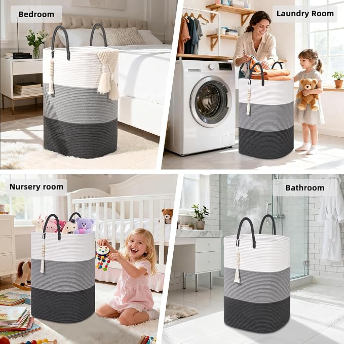 Woven Laundry Basket for Clothes,65 L Large Rectangle Laundry Hampers with Beads Tassel, Nursery Storage Basket for Toys, Tall Dirty Clothes Hamper for Bedroom Aesthetic, Laundry Room Organization - Image 5